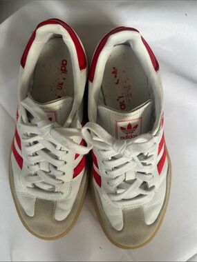 adidas women’s White and Red Three-Stripe Retro Sneakers